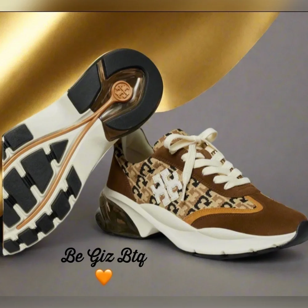 🔥🔥Tory Burch Good Luck Bubble Trainer T Logo Knit New Cream And Chestnut Size11M